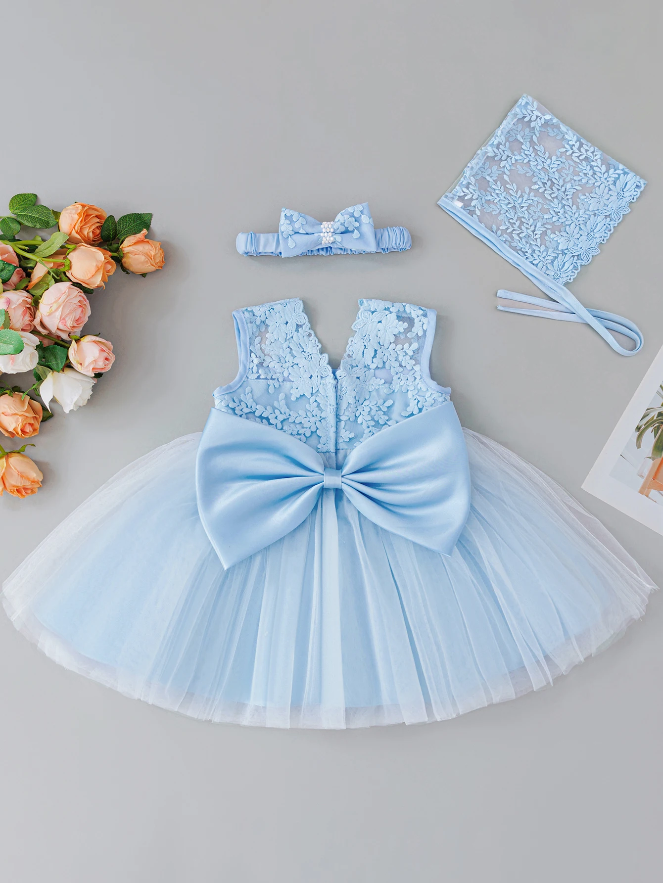 Sleeveless Blue Lace Embroidered Net Puffy Gauze Dress Set A Birthday Party Holiday Dress Specially Made for Baby Girls