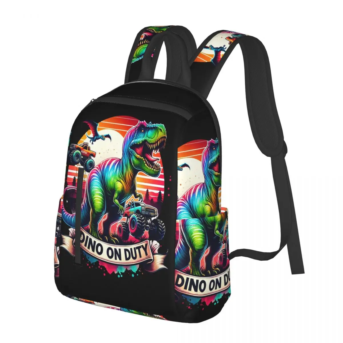 

Cartoon Dinosaur And Truck With Sunset Student Backpack School Bag Hiking Travel Daypack for Men Women Bookbag Shoulder Bags