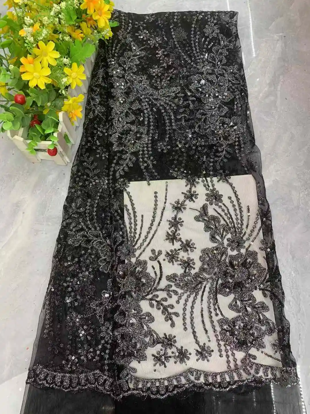 Lace Fabric Skirt 5 Yards Flower Fashion Embroidery Sewing Glitter Wholesale Nigeria Craft Dress Tulle Sequin Stack Accessories