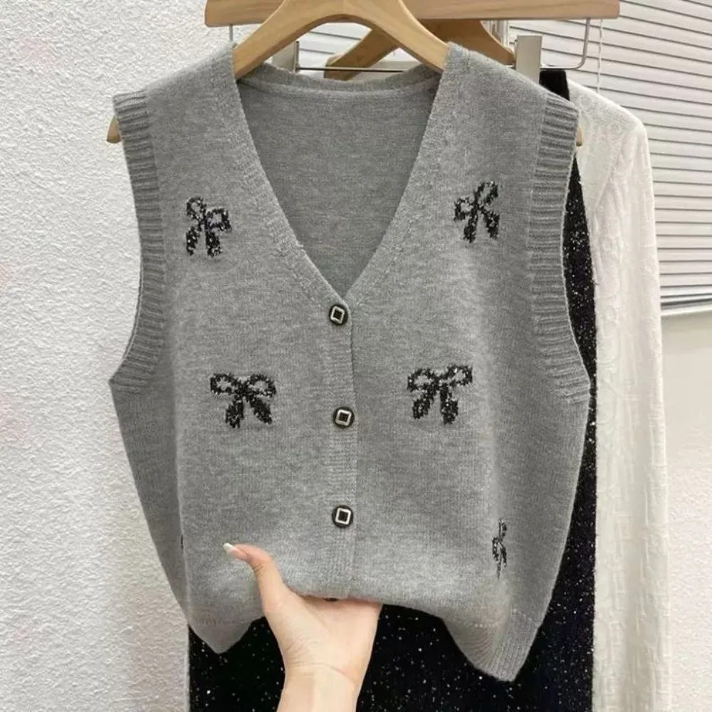 Women V-neck Cardigan Vest Bowknot Sequin Decor Button Knitwear Sweaters Elegant Sweet Party Tops Autumn Waistcoat Outerwears