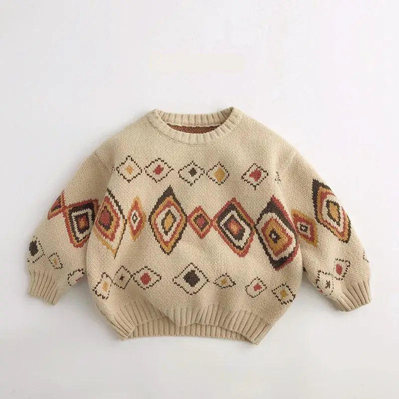 Children Knitted Sweater Autumn Winter New Boys Rhombus Plaid Pullover Loose Baby Girls Vintage Casual Knitwear Kids Clothes