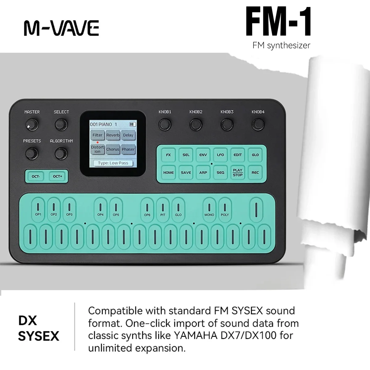 M-VAVE FM-1 (SK15) Green-Black Mini FM Synth – 27-Key Silicone Keyboard, 12-Voice Poly, 2000mAh Battery, Built-in Speaker