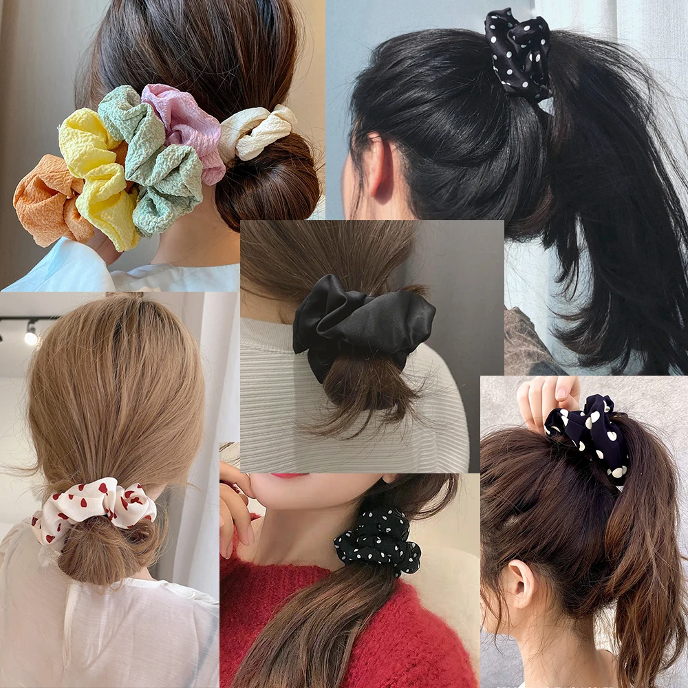 5PCS Mixed Colors Fashion Hair Bands Korean Elastic Satin Silk Dots Hair Tie for Women Girls Ponytail Holder Scrunchie Wholesale