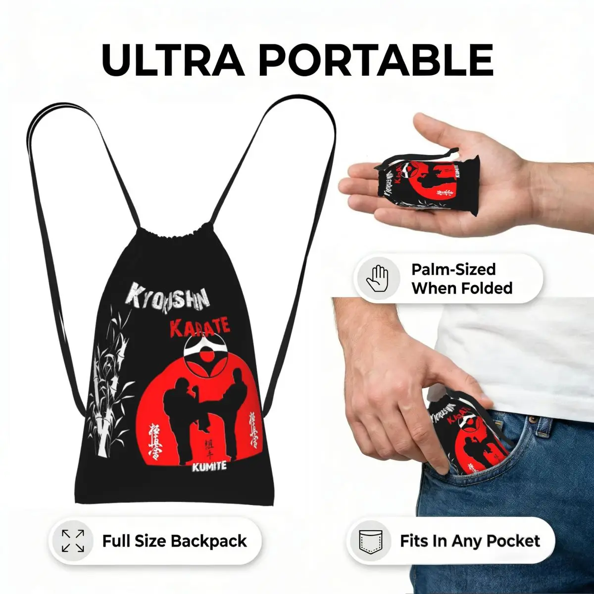 Kyokushi Karate Kumite Scene Drawstring Backpack Sports Gym Bag Portable Travel Drawstring Bag for Men Women