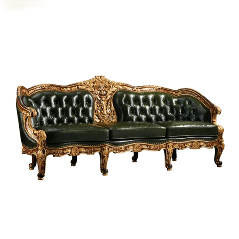 French retro luxury dark green Italian leather mahogany carved combination sofa furniture