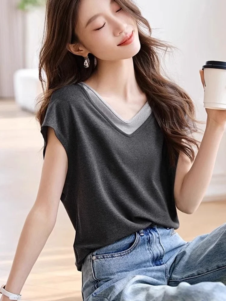 

Универсальная женская футболка с V-образным вырезом, свободного кроя, утягивающая, для ношения под одеждой, с коротким рукавом, новая, молодежная, модная