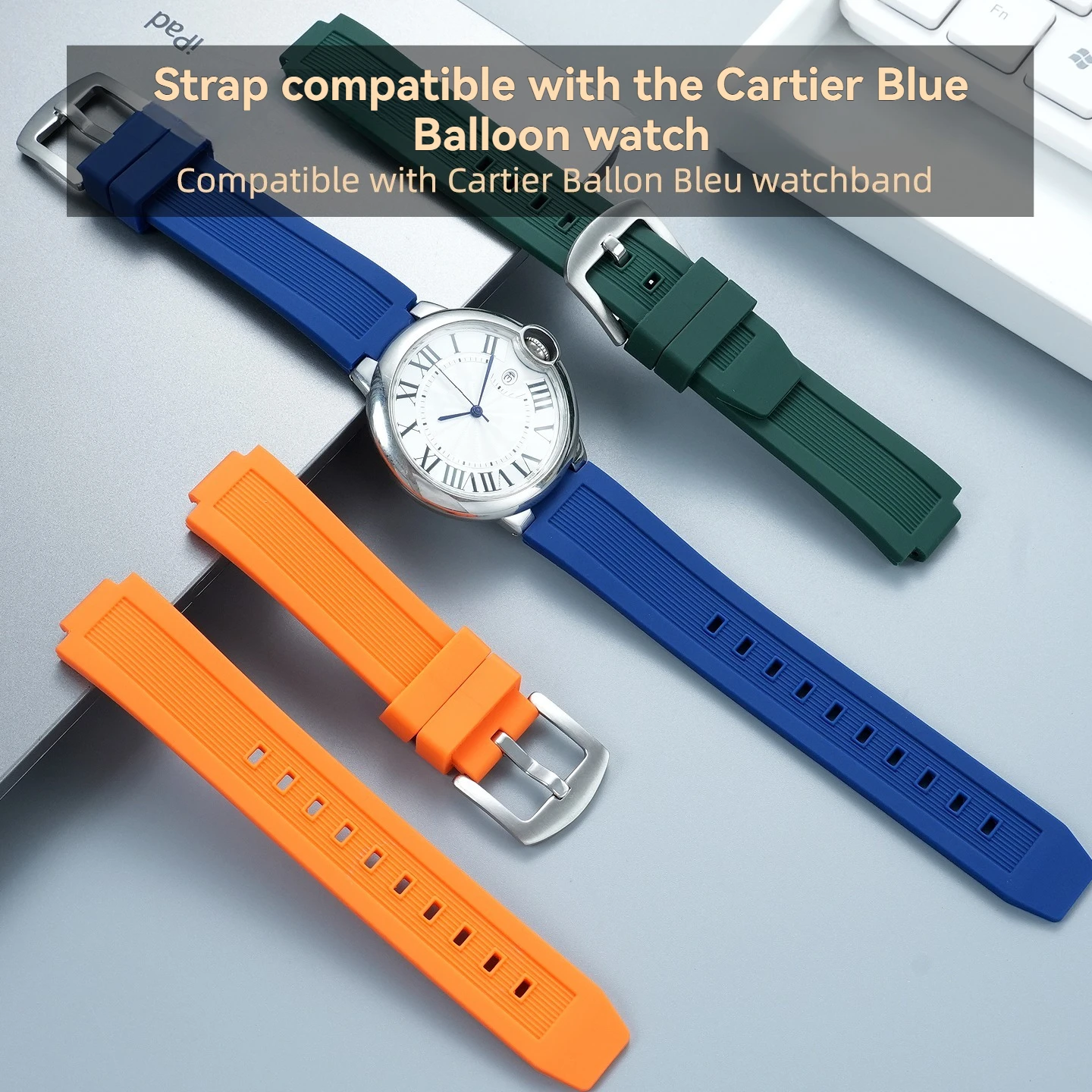 for Cartier Ballon Bleu 42mm and 44mm (medium and large) dials; Black Knight-exclusive textured rubber strap, 22x14mm