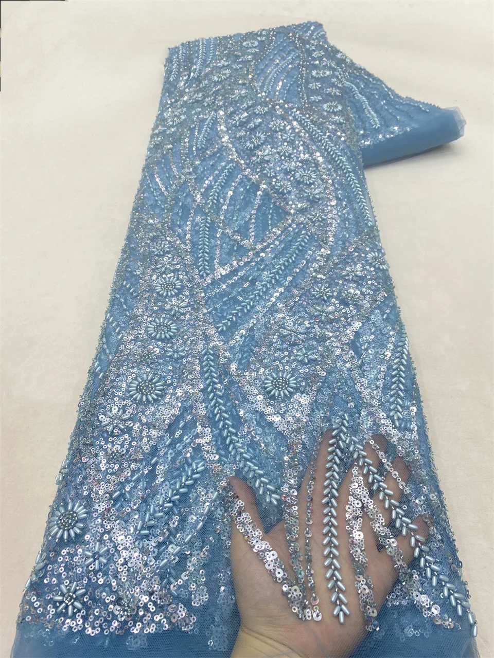 

Sequins African Lace Fabric 2024 French Embroidery High Quality Luxury Heavy Beaded Bridal Wedding Lace HXZ6155