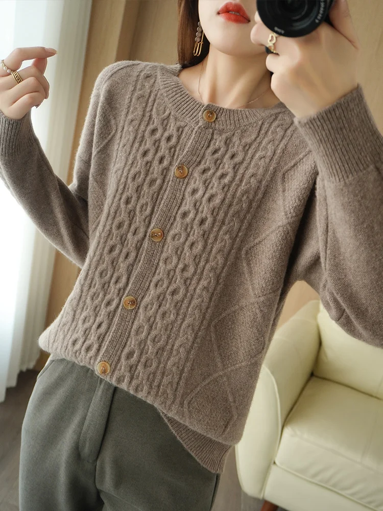 새로운 여성 오-넥 케이블 뜨개질 카디건 가을 겨울 긴 소매 캐시미어 스웨터 웜 소프트 100% 메리노 울 니트