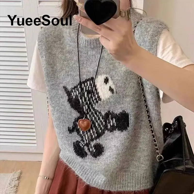 Women's Vests Grey Argyle Printed Pullover Sleeveless Knit Sweater Vest  2025 New Y2K High Street Casual Knitwear Waistcoat