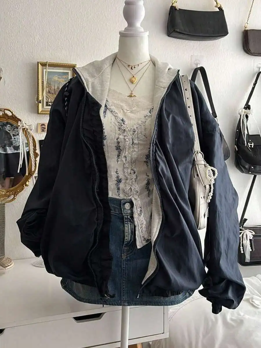 

Women's Hooded Zip-Up Oversized Casual Jacket with Ruched Sleeves