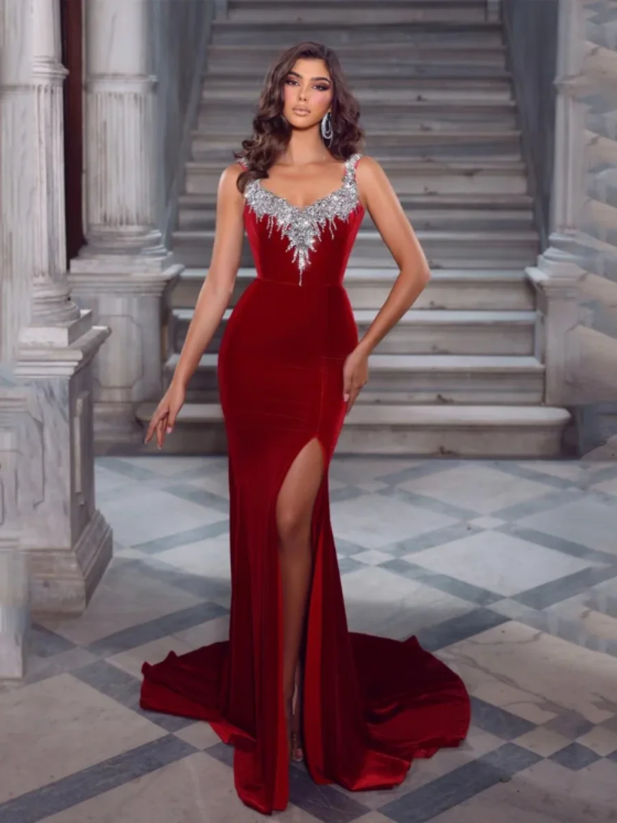 OUSIRUI Evening Dress Beading Celebrity Dresses Backless Party Dress  Prom Dress Velvet Fromal Dress Splits Elegance Customize