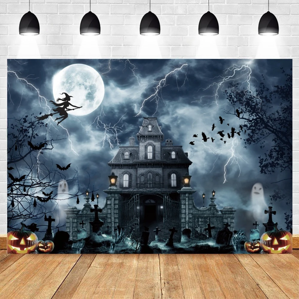 Horror Castle Halloween Photography Backdrop Horror Forest Full Moon Night Pumpkin Lantern Tombstone Halloween Photo Background