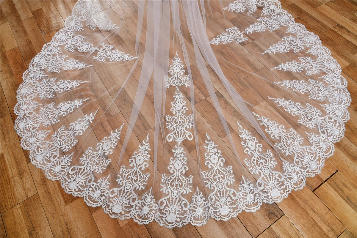 Veli da sposa lunghi con pettine uno strato matrimonio bianco avorio cattedrale lunghezza pizzo pieno bordo Applique velo con pettine Voile 3 metri