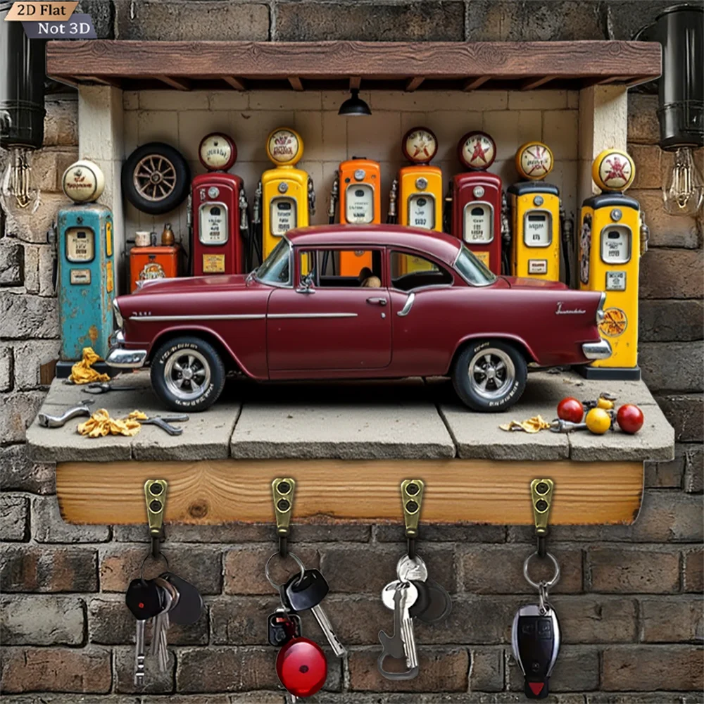 2D Flat, 1pc, Vintage Car Gas Station Key Hook, Wooden Multifunctional Home Key Hook, with Four Metal Hooks, Wall Decoration,