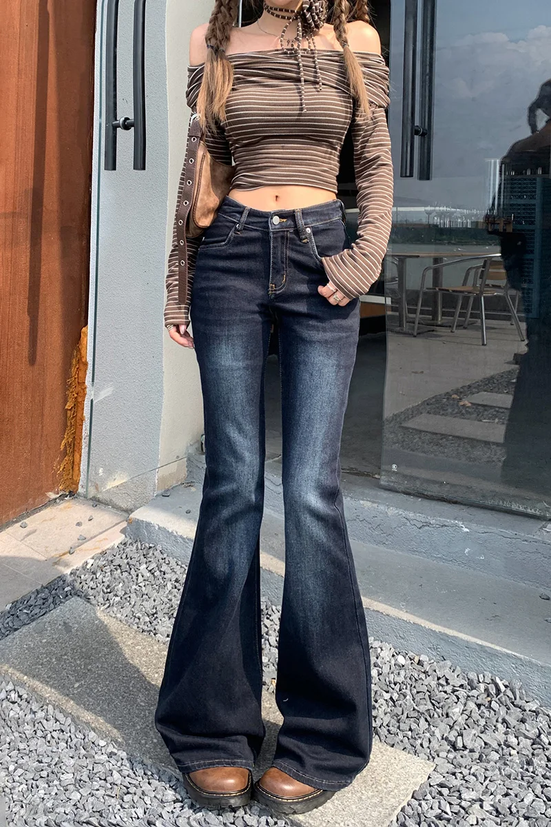 Women's Retro Style Low Waisted Stretch Slightly Flared Jeans New Fashion Trousers Slim Fit All-match Female Micro Flared Pants