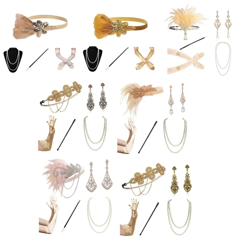 Flapper Accessories for Womens 1920s Gatsby Costume Accessory Roaring 20s Flapper Headband Earrings Gloves Necklace Set