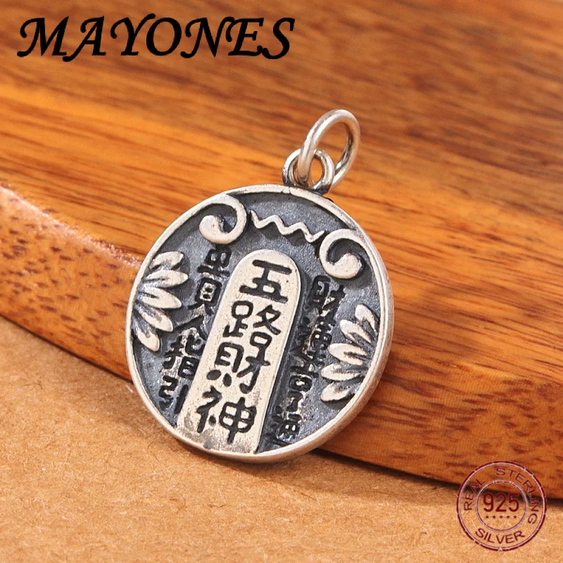 

S925 Pure Silver Five Elements Wealth God Tai Chi Bagua Round Pendant Retro Thai Silver Lucky Talisman for Men and Women
