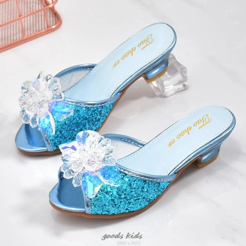 Girls Summer Frozen Sandals Slipper Sequined Princesse Children High Heel Party Dress Elsa Shoes Leather Slipper For Kids Slides