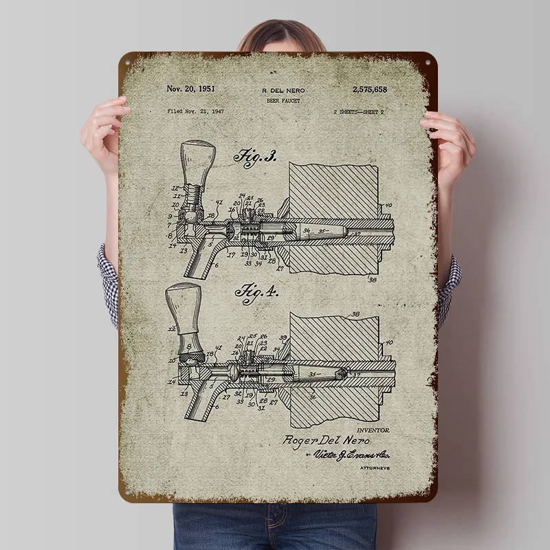 1947 Beer Faucet-Patent Tinplate Posters Customizable Wall Art Retro Vintage Metal Signs for Home Room Bar Accessories Wand Deko