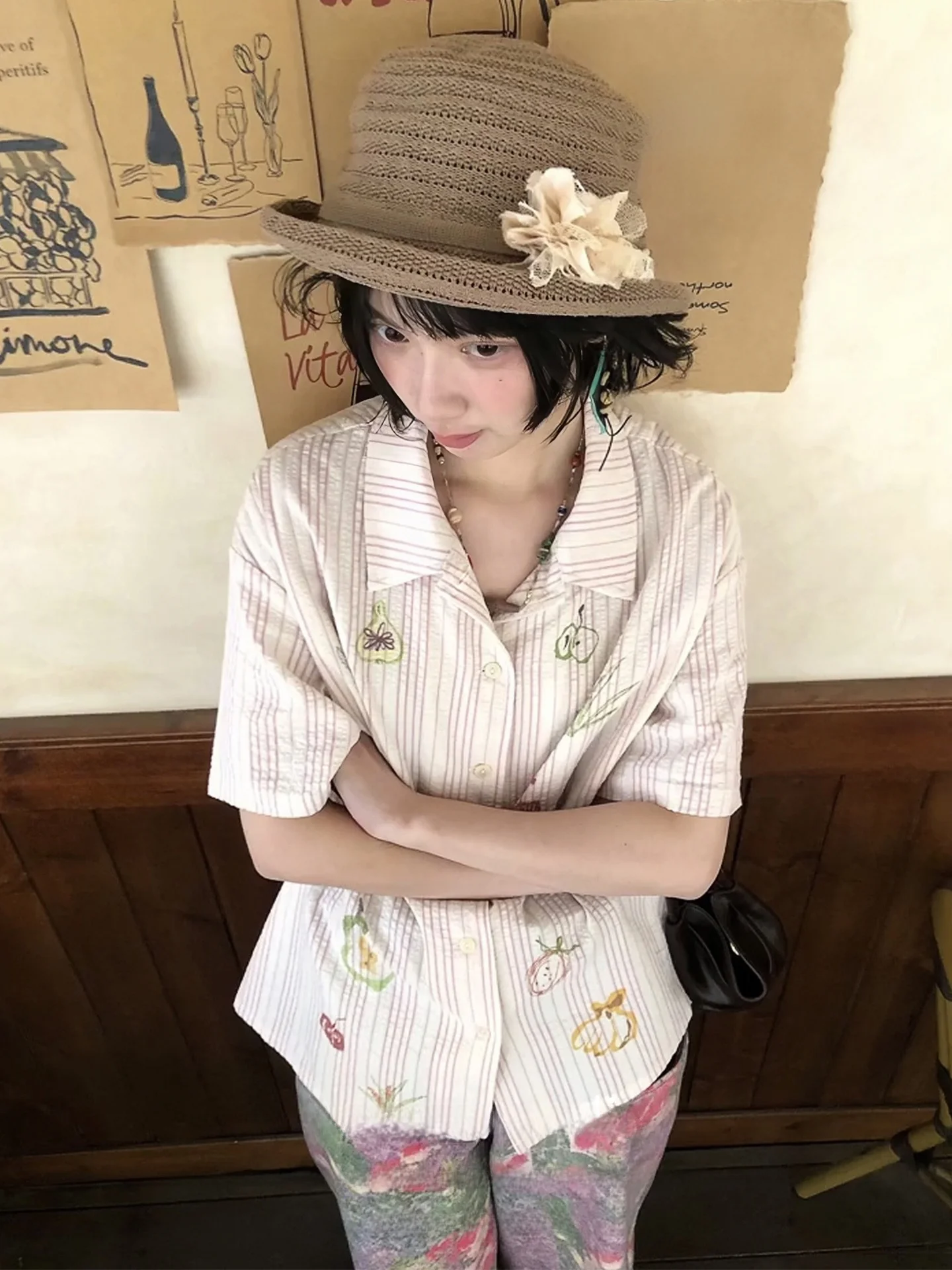 

Retro Japanese Sle Striped ort Sve irt Women's Loose Texture Spring New Sle College Sle Top Breathable Comfortable