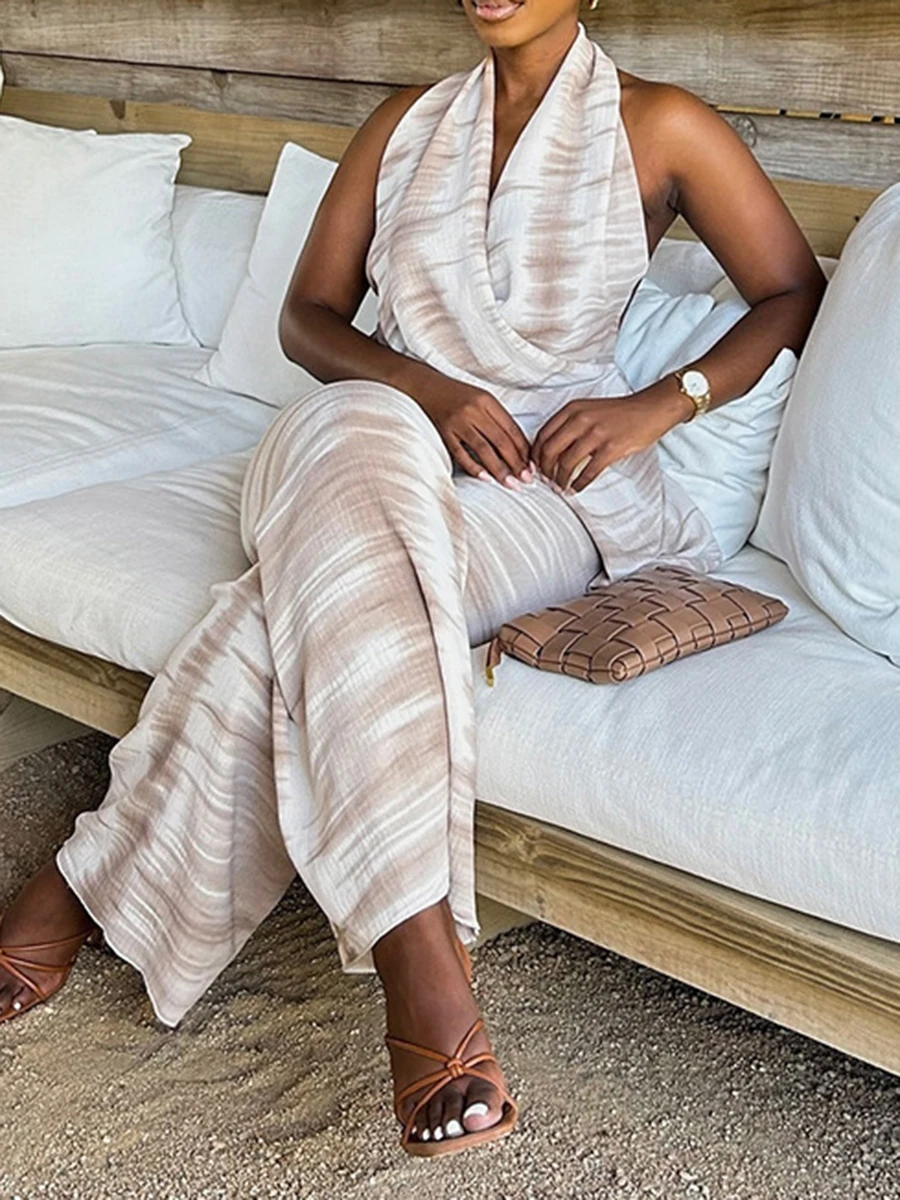 Ziml hit impressão a cores conjuntos de duas peças para mulheres halter sem mangas túnica topos cintura alta calças soltas conjunto minimalista feminino novo