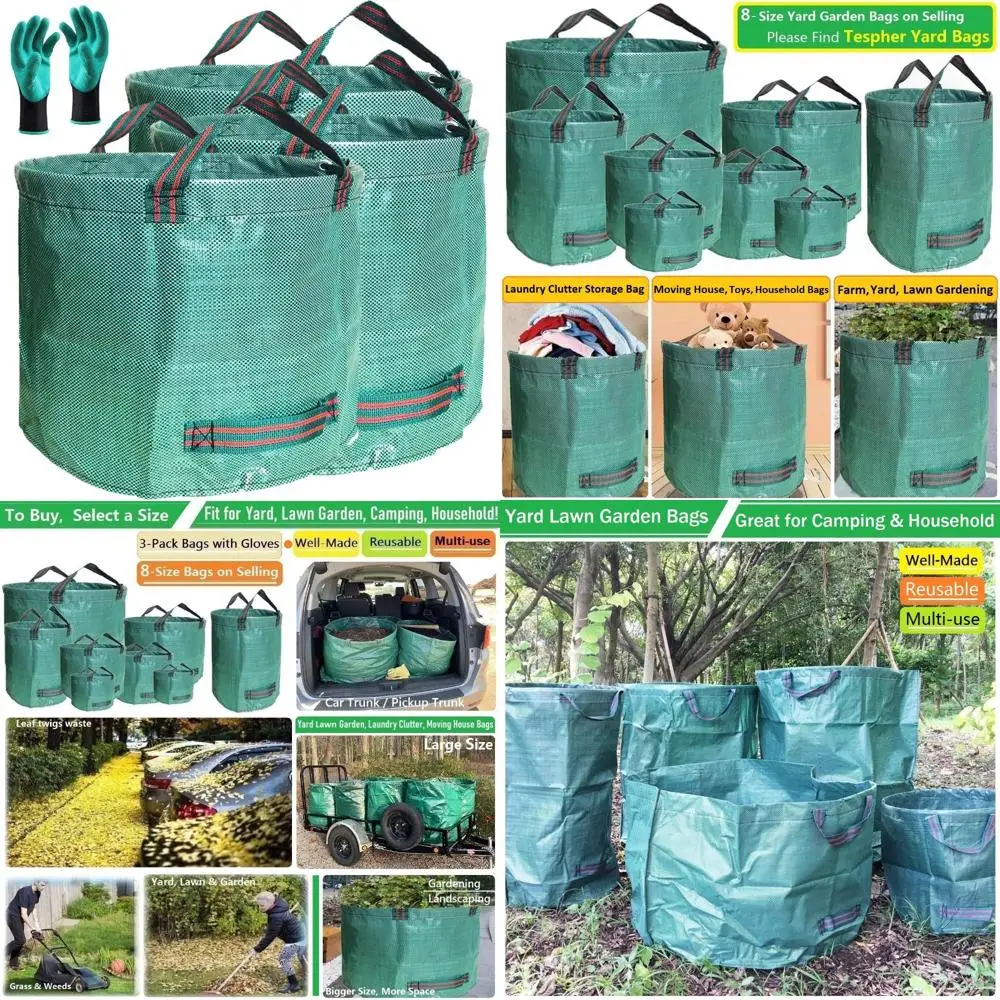 

professional 3-pack 137 gallon lawn garden bags (d34, h34 inches) big yard waste bags with garden gloves, extra large reusable l