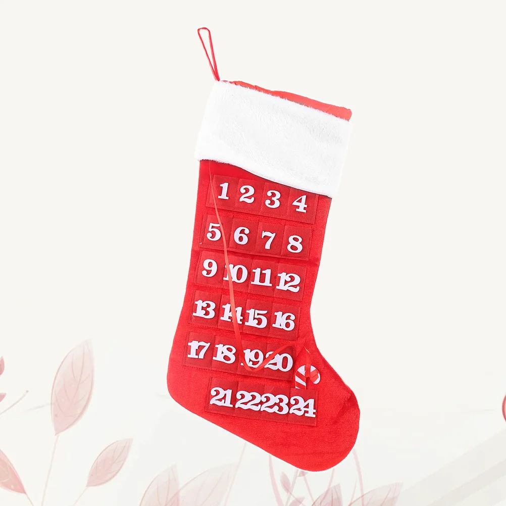 

Festive Red Christmas Stocking Hanging Pendant with Small Pockets for Countdown Calendar Decorations Home Mall Hotel Store