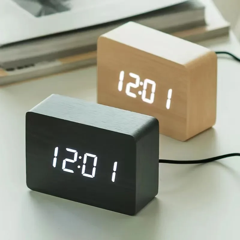 Retro LED Wooden Alarm Clock 12/24H Brightness Adjustment Temperature Voice Control Desktop Living Room Bedside Home Decoration
