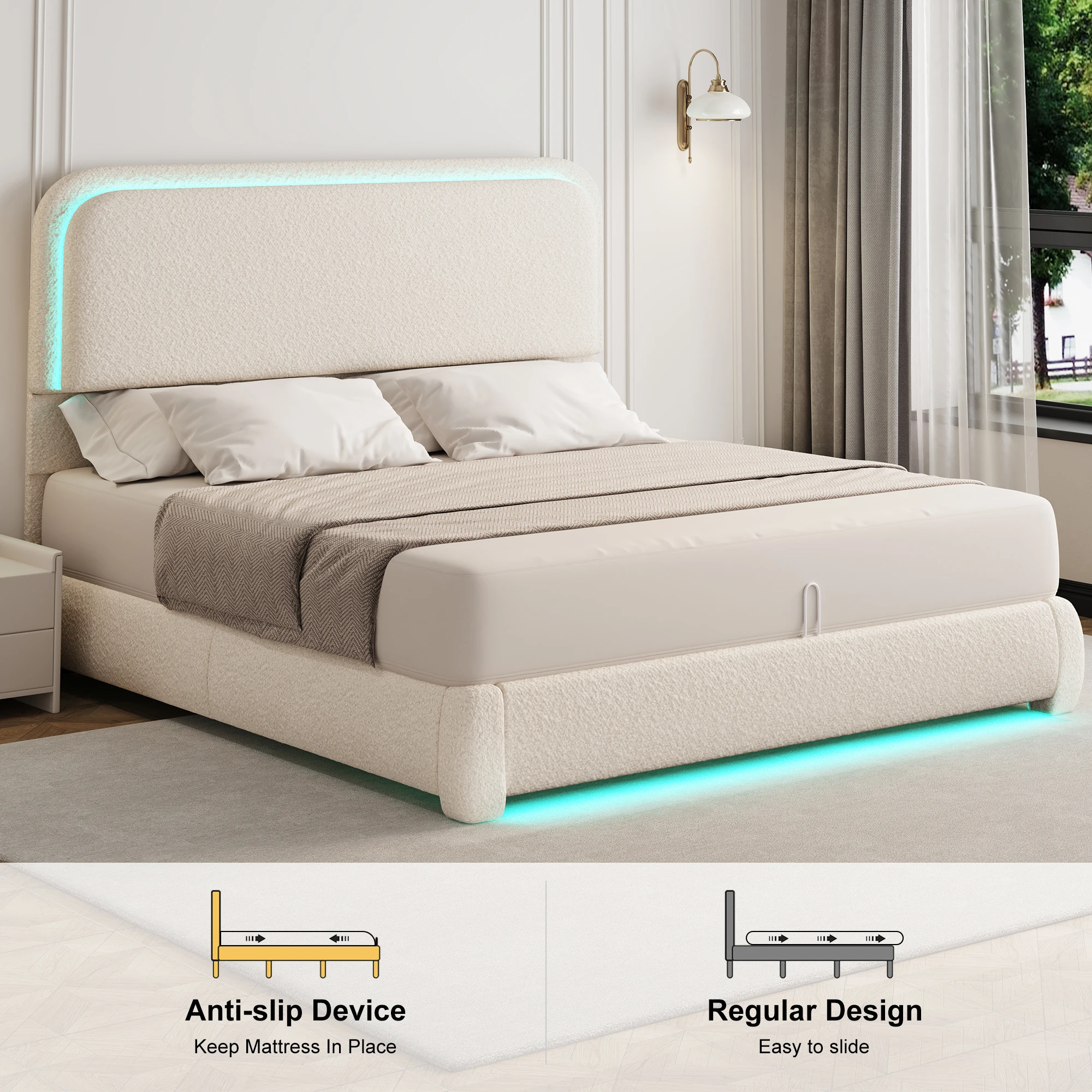 SIBEDS Queen Teddy Fleece Upholstered Bed Frame with LED Lights, Modern Cloud Platform Bed with Curved Headboard & Footboard, Thickened Rounded Corners, No Box Spring Needed, Cream image 4