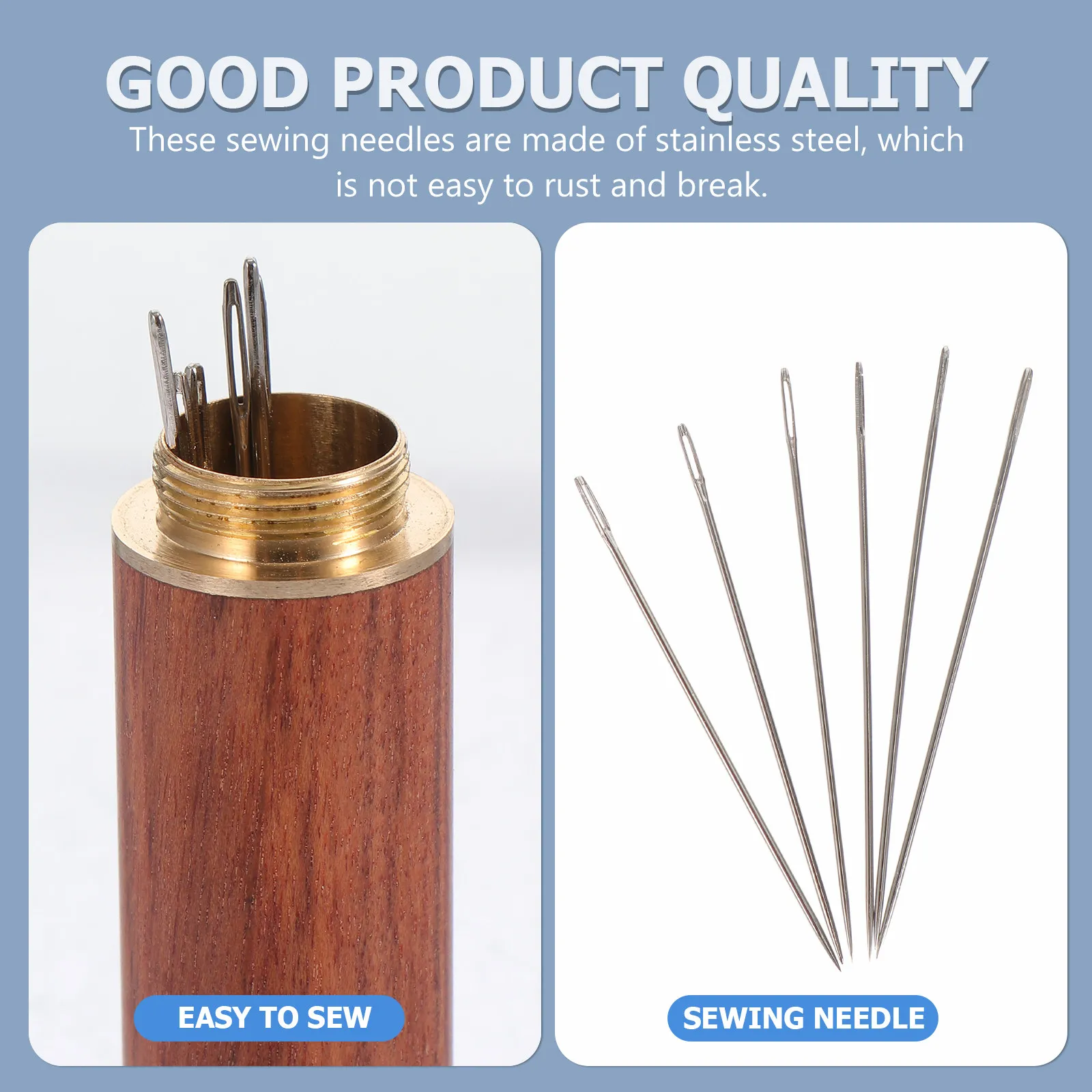 2Sets Portable Self Threading Needles Sewing Kit Stainless Steel Needles Wood Storage Case Compact Design for Craft Sewing