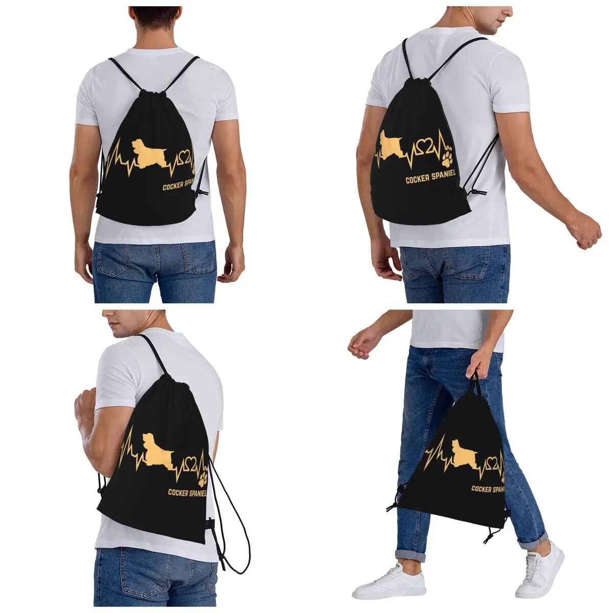 Cocker Spaniel Dog Lover Heartbeat ECG Pulse Pet Breed Paw Backpacks Multi-function Drawstring Bags Sundries Bag Book Bags