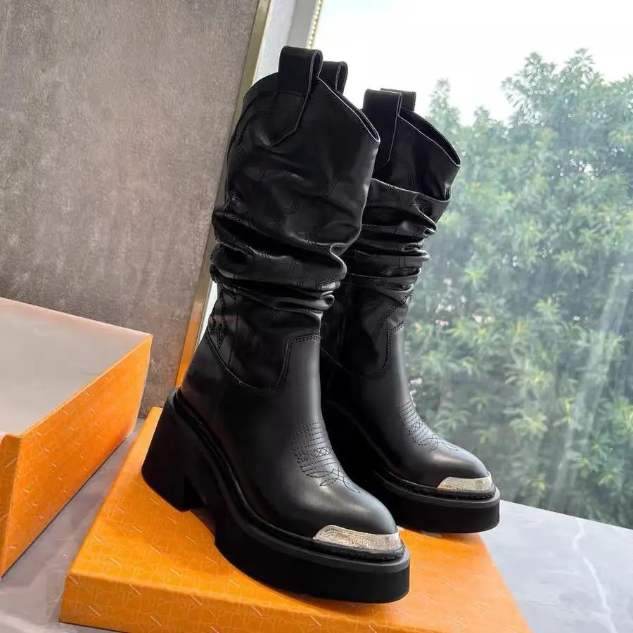 

2026 Women Heightened Same Thick-soled Knight Western Cowboy Temperament Elastic Stacking Boots 8cm