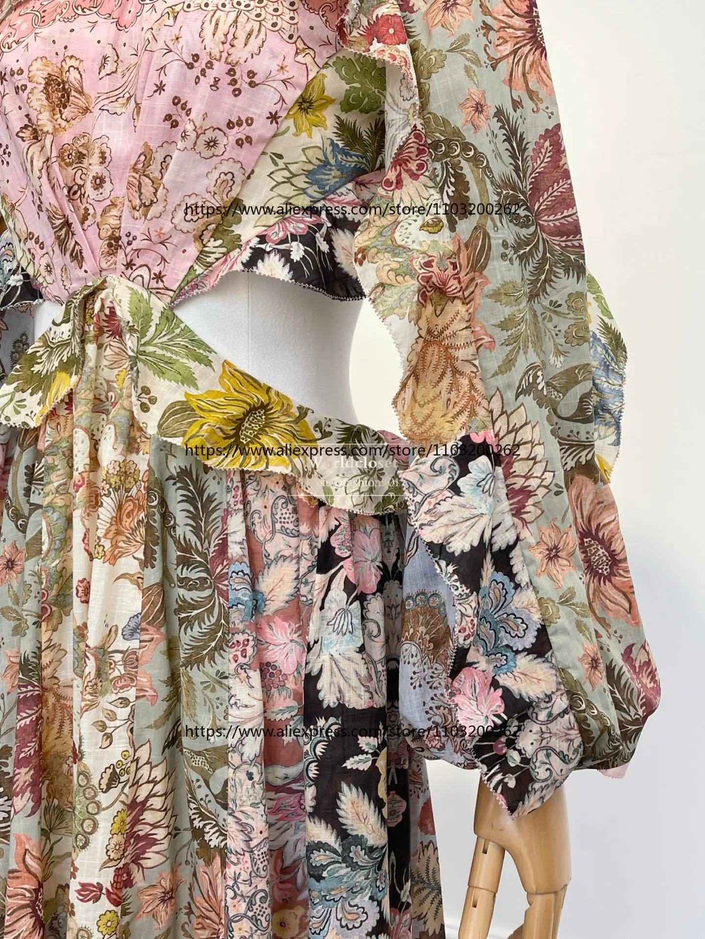 Pink Floral Print Long Sleeve Ruffles Cut Out Waist Backless Maxi Dress 2026 High Quality