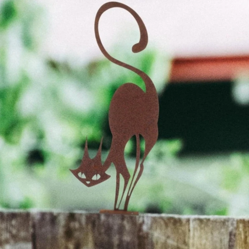 1pc Rusty Series Of Wrought Iron Crafts Cat Halloween Fence Ornaments Outdoor Garden Statue Ornaments for Garden Party Sticker