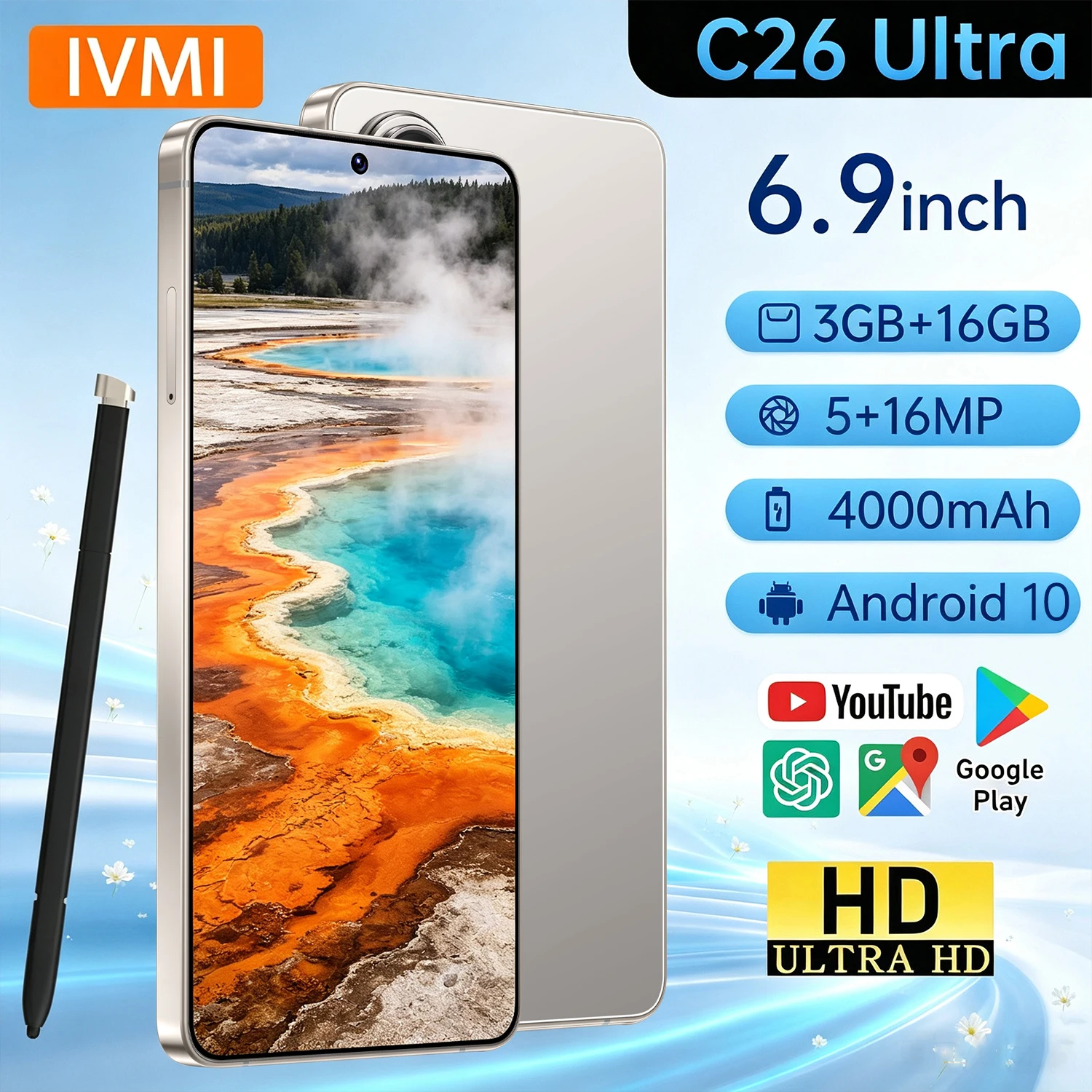IVMI Global C26 Ultra Smartphone Android 3GB RAM 16GB ROM 6.9inch Dual SIM Google Play Store Face ID 4G Network Mobile Phones