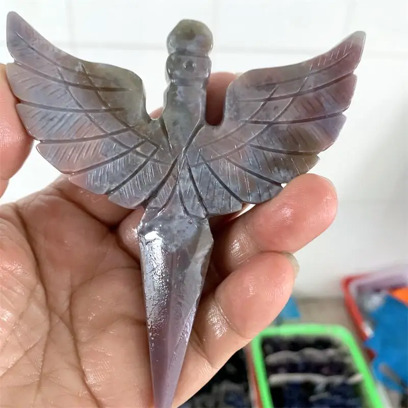 Ocean Jasper Hand Carved Angel Wing Sword Figurine, Healing Crystal Energy Protection Decor, Meditation Crystal Wand Ornament