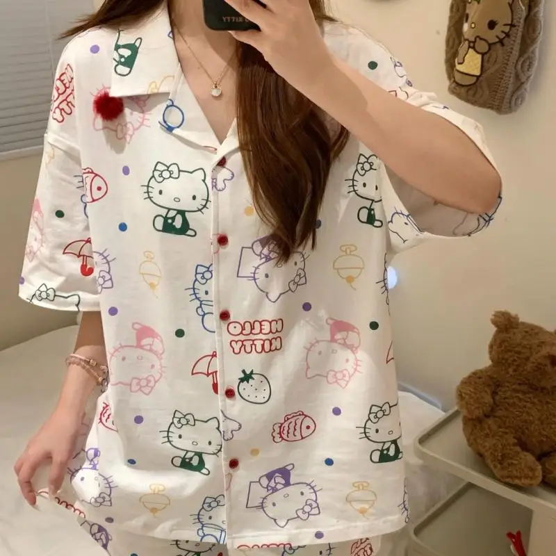 

Sanrio Hello Kitty Summer Pajama Suit Sanrioed Anime Kawaii for Women Short Sleeve T-Shirt Shorts Loungewear Thin Section Sweet
