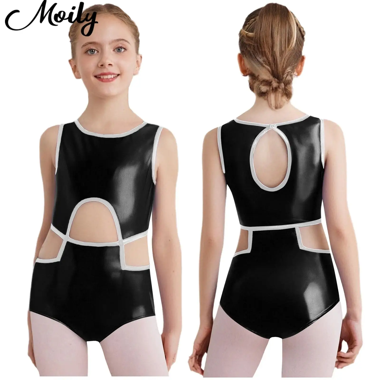 

Girls Sleeveless Keyhole Back Contrast Trim Cutout Metallic Leotard for Ballet Dance Gymnastics Figure Skating Stage Performance