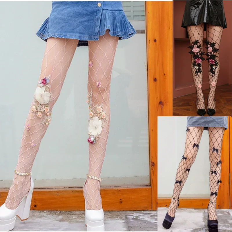Sox Fishnet Tights for Women High Waist Fishnet Stockings Sexy Mesh Tights with Seam Pantyhose Floral Appliqué Pearl Pantyhose