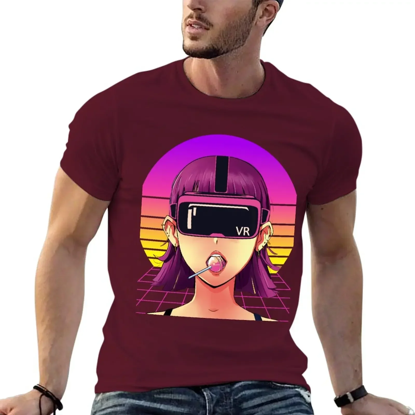 man Tees shirt Short sleeve tee men Cyber Virtual Reality Anime Girl VR Headset Futuristic Looking T-Shirt mens clothing funny