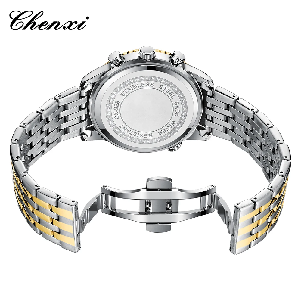 CHENXI, relojes dorados a la moda para hombre, luminoso, resistente al agua, calendario, reloj de cuarzo, esfera redonda, banda de acero inoxidable, relojes para hombre