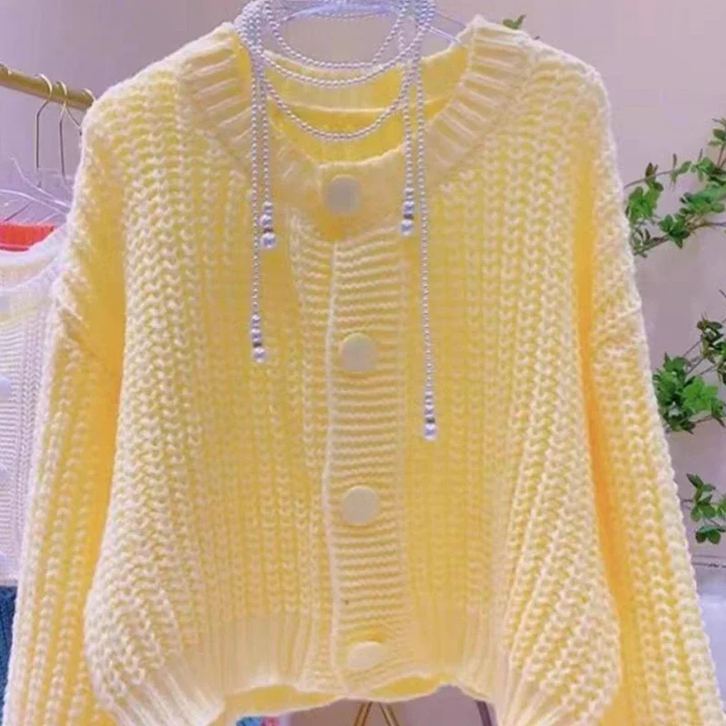 

New Autumn Women Cardigan Sweater Long Sleeve Casual Jacket Loose Solid Color O Neck Short Single Breasted Sweet Clothing