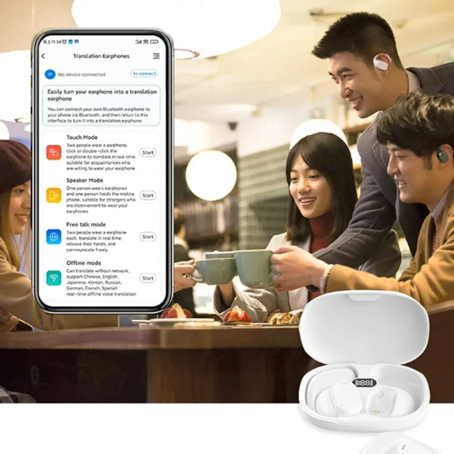 B66 لغة مترجم سماعات الأذن 144 لغة ستيريو لاسلكي مقاوم للماء سماعات LED عرض طويل الاستعداد اللمس سماعات الأذن