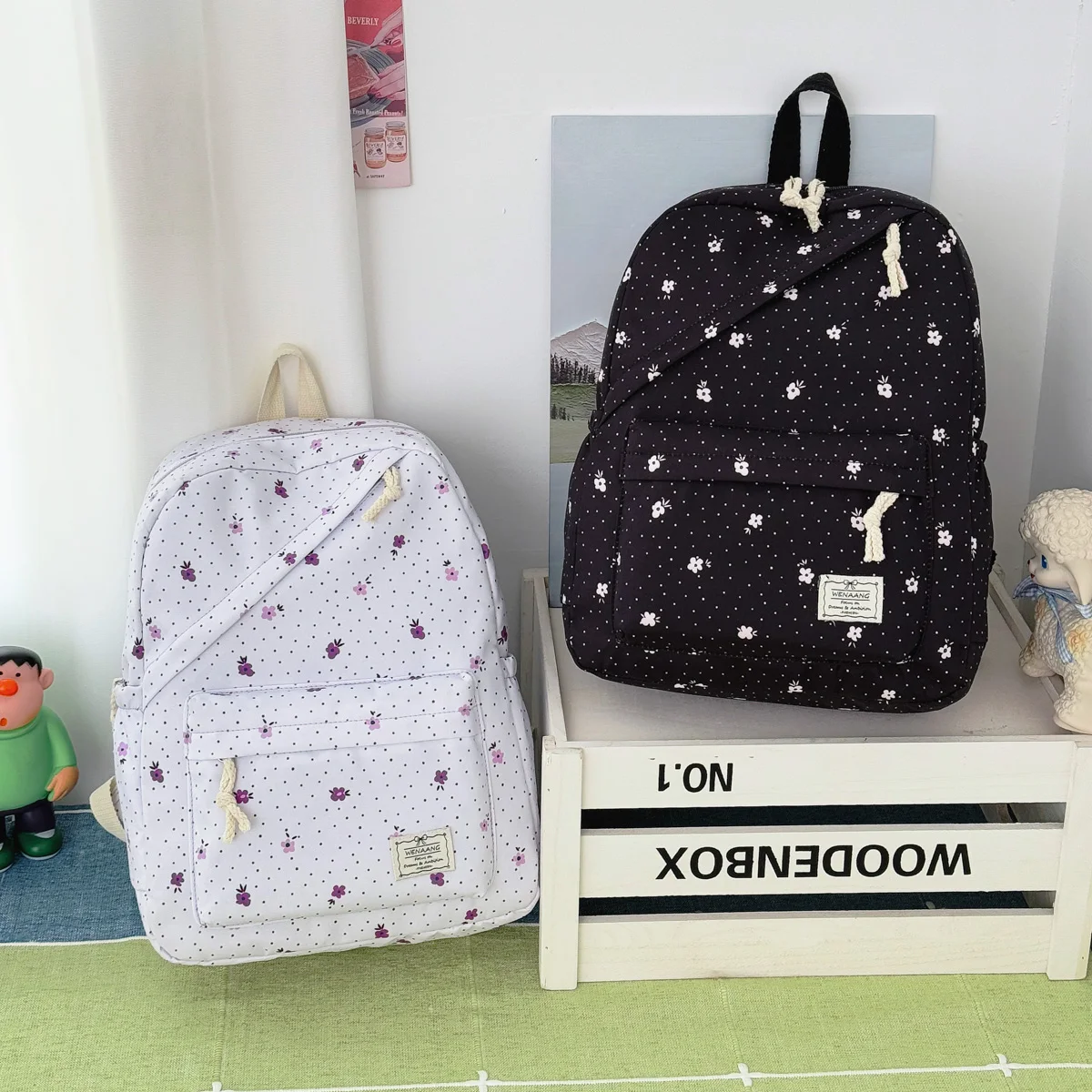 Cute Polka Dot Floral Teen Girls Backpack, Light Multi-functional Large Capacity Backpack for School Campus Outdoor Activities