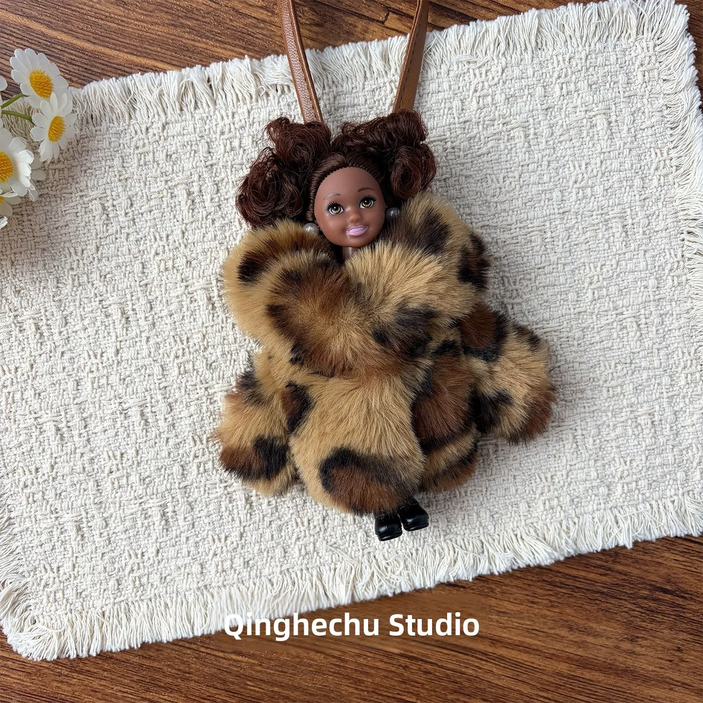 Luxury Leopard Print Plush Doll Bag Charm Backpack Accessory Key Holder Car Hanging Decoration Trendy Fashionable Bag Accessory