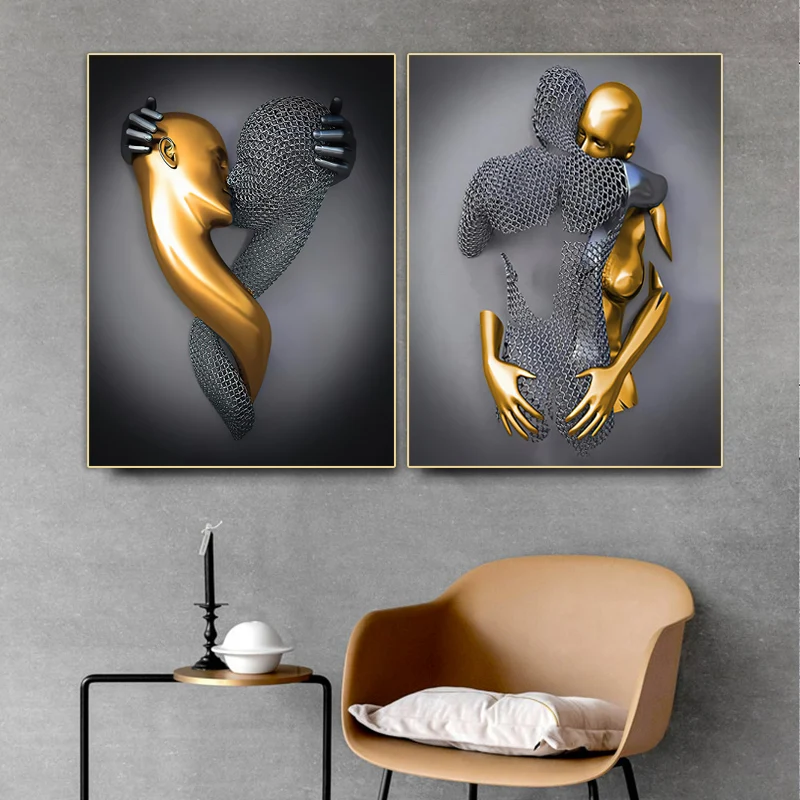 Black and Gold Love Heart Figure Statue Canvas Painting Modern Art Posters and Prints Wall Pictures for Living Room Home Decor