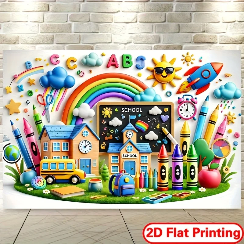 School Theme Tapestry Educational Classroom Wall Hanging Decor for Kids Nursery Daycare Preschool Learning Rainbow Crayons ABC