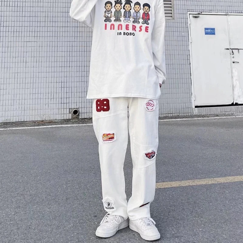 High Street Vintage Jeans with Men's and Women's Embroidery Logo Fashion Trendy Hip Hop Straight Sleeve Loose Pants Y2k