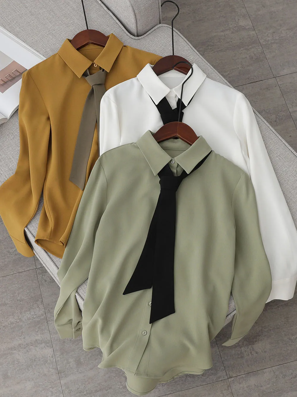 

Women's Solid Color Shirt Spring Autumn Loose Fit Long Sleeve Lapel Single Breasted Casual Suit Tie Design Shirt Fashion Tops